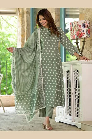 Divena World Geometric Printed Sequinned Pure Cotton Straight Kurta With Trousers & Dupatta