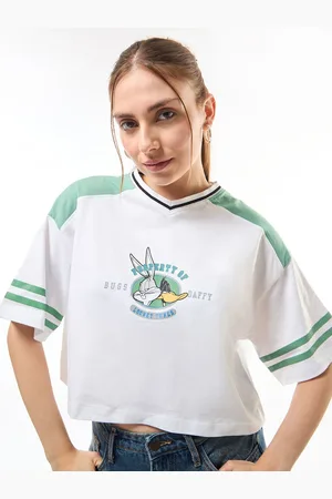 Bewakoof Official Women Looney Tunes Graphic Printed Cotton Oversized Crop T-shirt