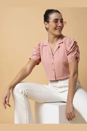 SHOWOFF Women Solid Lapel Collar Synthetic Crepe Top