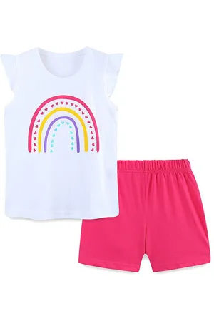 Stylecast White & Pink Girls Printed Pure Cotton T-shirt With Shorts