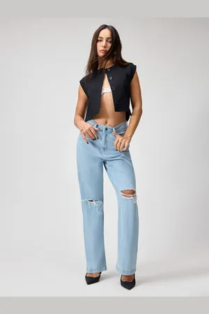 FREAKINS Women Pure Cotton Straight Fit High-Rise Highly Distressed Light Fade Jeans