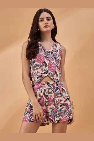 all about you Beige Floral Printed Pure Cotton Top With Short