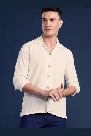 HANCOCK Men Cuban Collar Relaxed Fit Pure Cotton Casual Shirt