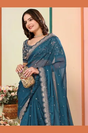 VAIRAGEE Ethnic Motifs Sequinned Organza Saree