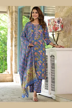 Divena World Floral Printed Gotta Patti Pure Cotton Straight Kurta With Trousers & Dupatta