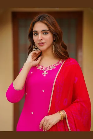 Ambraee Floral Embroidered Regular Straight Kurti With Dhoti Pants & Dupatta