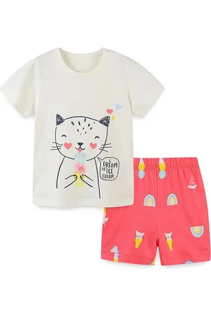 Stylecast White Girls Printed Pure Cotton T-shirt with Shorts