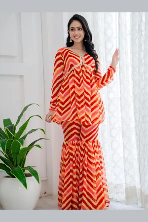 HOUSE OF JAMOTI Leheriya Printed Georgette Anarkali Kurti With Sharara