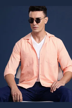 HANCOCK Men Cuban Collar Relaxed Fit Seersucker Pure Cotton Casual Shirt