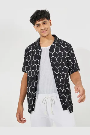 Styli Black Geometric Printed Cuban Collar Pure Cotton Relaxed Fit Casual Shirt
