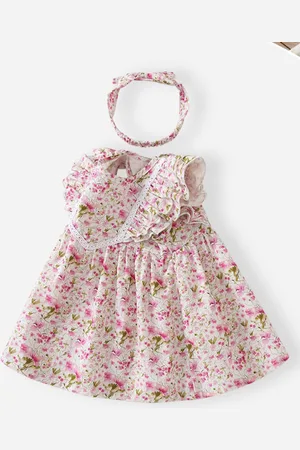 Stylecast Girls Pink & White Floral Printed Sleeveless Ruffles Fit & Flare Dress
