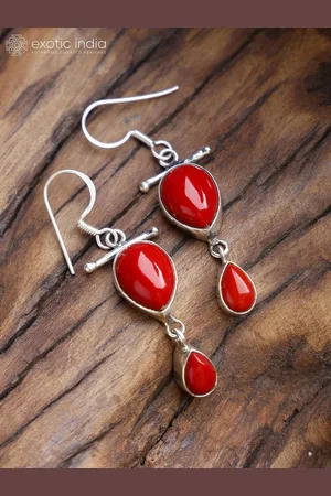 Exotic India Red Onyx Drop Shape Sterling Silver Dangling Earrings