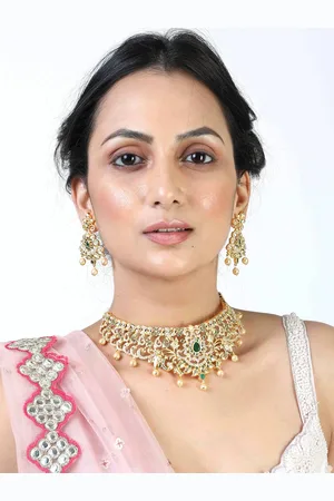 ESTELE Gold Plated CZ Magnificent Bridal Choker Necklace Set with Pearls for Women