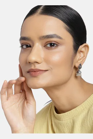 ESTELE Women Silver-Toned & Black Contemporary Jhumkas