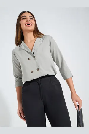Styli Women Solid Regular Fit Formal Shirt with Rolled Up Sleeves