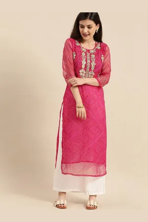 Varanga Pink Bandhani Printed Round Neck Thread Work Georgette Straight Kurta