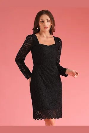 Globus Stretchable Sweetheart Neck Puff Sleeves Lace Self Design Sheath Party Dress
