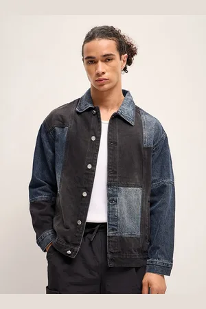 The Bear House Men Colourblocked Patchwork Classic Denim Jacket