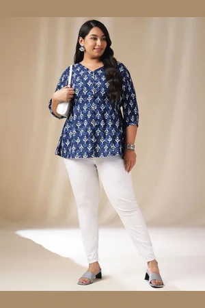 Janasya Plus Size Indigo Pure Cotton Ethnic Motifs Printed V-Neck Longline Top