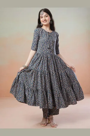 Inddus Girls Floral Printed Tiered Anarkali Kurta with Trousers