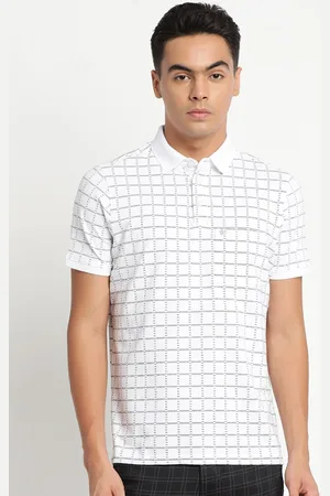 Turtle Men White Checked Pure Cotton Polo Collar Slim Fit T-shirt