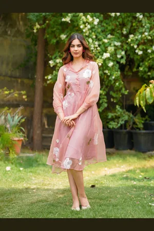 Ambraee Floral Printed Puff Sleeve Organza Fit & Flare Dress