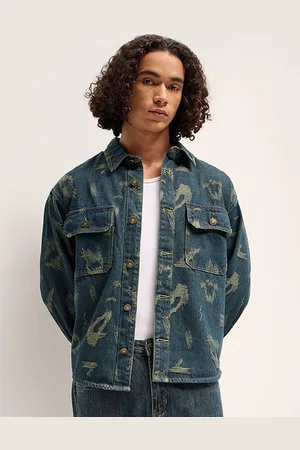 The Bear House Men Abstract Printed Denim Jacket