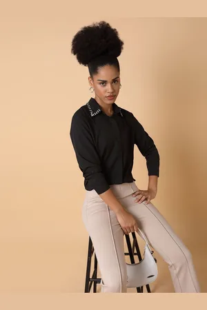 SHOWOFF Women Comfort Spread Collar Solid Crepe Casual Shirt
