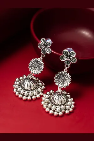 Aadita Silver-Plated Floral Oxidised Jhumkas