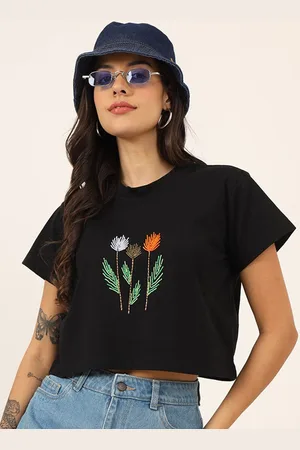CHARMGAL Women Round Neck Floral Beads Detail Top