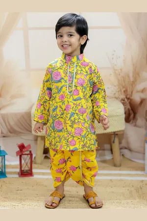 BownBee Boys Floral Printed Gotta Patti Mandarin Collar Pure Cotton Kurta With Dhoti Pants