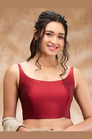 SALWAR STUDIO Maroon Taffeta Silk Solid Round Neck Sleeveless Blouse