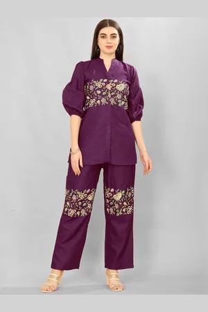 Lilots Floral Embroidered Mandarin Collar Pure Cotton Shirt With Trousers