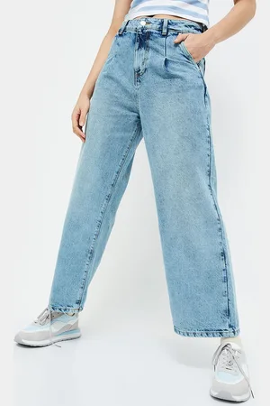 Lifestyle Women Cotton Wide Leg Mid-Rise Heavy Fade Jeans