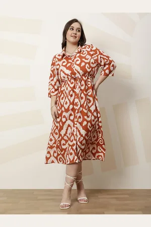 ATHENA Women Printed Shirt Collar A-Line Midi Dress