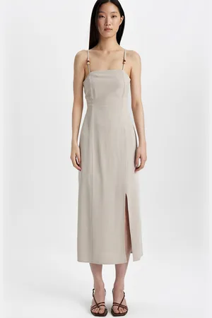 DeFacto Women Shoulder Straps Front Slit Sheath Midi Dress