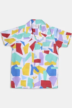 YK Boys Geometric Printed Cuban Collar Pure Cotton Classic Casual Shirt