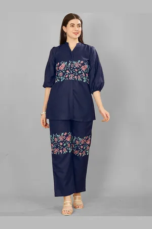 Lilots Floral Embroidered Mandarin Collar Pure Cotton Shirt With Trousers