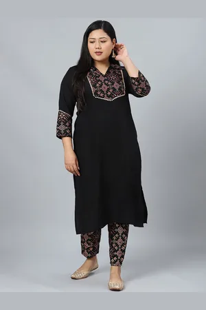 Sztori Plus Size Geometric Printed Shirt Collar Straight Kurta With Trousers