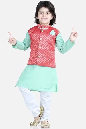 BownBee Boys Mandarin Collar Regular Pure Cotton Kurta with Attached Jacket & Pyjamas