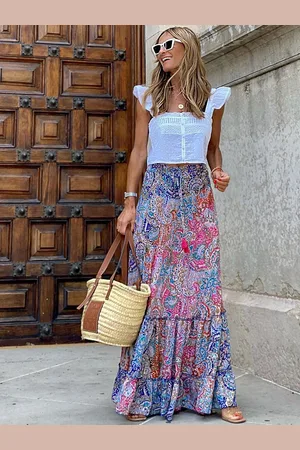 LULU & SKY Women Printed Tiered Flared Maxi Skirts