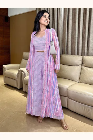 Janasya Paisley Printed Sweetheart Neck Georgette Top With Palazzos & Jacket