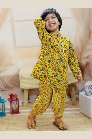 BownBee Boys Floral Printed Regular Gotta Patti Pure Cotton Kurta with Dhoti Pants