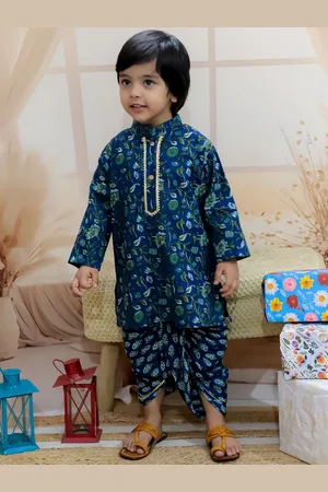BownBee Boys Floral Printed Regular Gotta Patti Pure Cotton Kurta with Dhoti Pants