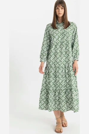 DeFacto Women Printed Puff Sleeve A-Line Midi Dress