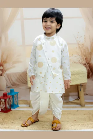BownBee Boys Geometric Woven Design Zari Regular Kurta with Attached Jacket & Dhoti Pants