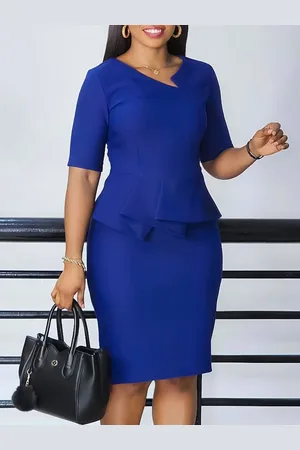 LULU & SKY Women Asymmetrical Neck Bell Sleeve Peplum Mini Dress
