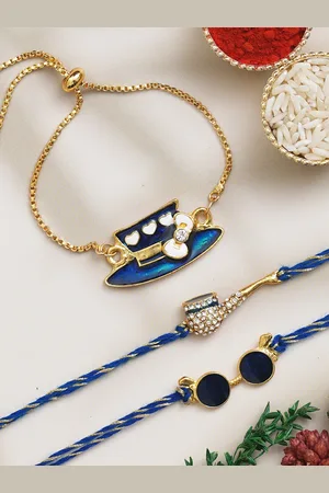 eCraftIndia Set of 3 Goggle Shape Hat Shape Bracelet & Trumpet Shape Rakhis & Roli Chawal