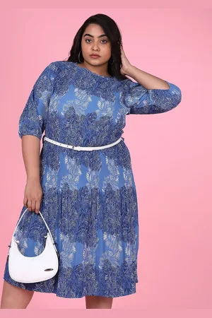 SHOWOFF Women Plus Size Printed Round Neck Crepe A-Line Above Knee Dress