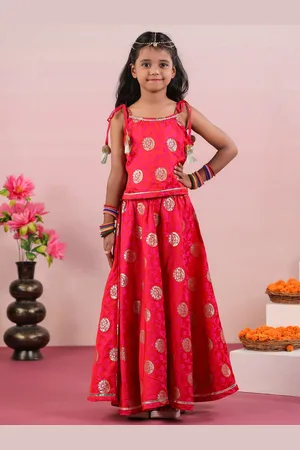 Sangria Fuchsia Girls Woven Design Gotta Patti Sleeveless Ready to Wear Lehenga Choli